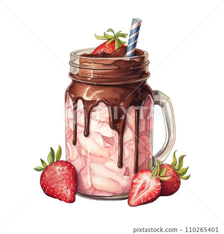 Chocolate milkshake with strawberries and a straw 110265401