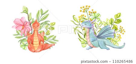 Dragons practicing fitness exercises among spring herbs. Blooming yellow, pink flowers, green young plants. Animal standing in triangle pose. Yoga. Watercolor illustration isolated on white. 110265486