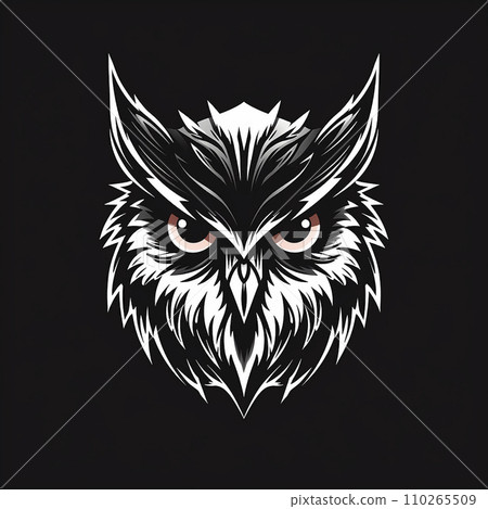 Angry predatory owl, logo, monochrome drawing, bird Icon, owl symbol, angry bird portrait, predator pictogram, for laser engraving 110265509
