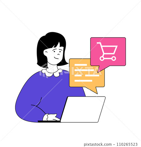 Shopping concept with cartoon people in flat design for web. Woman making purchases at online store and getting consultation in chat. Vector illustration for social media banner, marketing material. Shopping concept with cartoon people in flat design for web. Woman making purchases at online store and getting consultation in chat. Vector illustration for social media banner, marketing material. 110265523