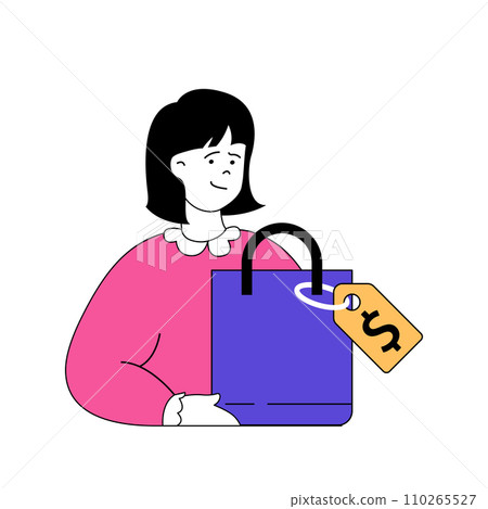 Shopping concept with cartoon people in flat design for web. Woman making purchases and paying with bargain prices using coupons . Vector illustration for social media banner, marketing material. 110265527