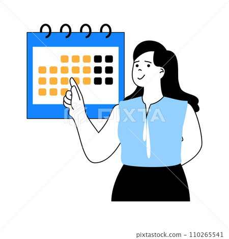 Delivery concept with cartoon people in flat design for web. Woman sending parcel and waiting shipment time to adress with calendar. Vector illustration for social media banner, marketing material. 110265541