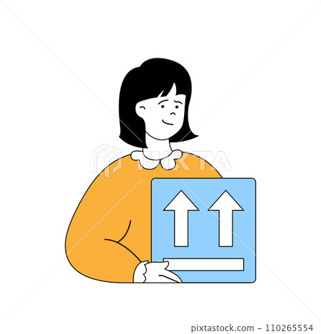 Delivery concept with cartoon people in flat design for web. Woman packaging new parcel in cardboard box with fragile and other signs. Vector illustration for social media banner, marketing material. Delivery concept with cartoon people in flat design for web. Woman packaging new parcel in cardboard box with fragile and other signs. Vector illustration for social media banner, marketing material. 110265554