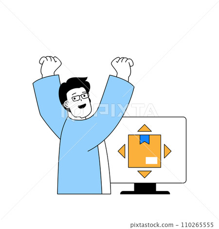 Delivery concept with cartoon people in flat design for web. Man packaging new parcel in box and searching postal rules info online. Vector illustration for social media banner, marketing material. 110265555