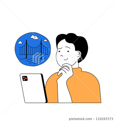 Travel concept with cartoon people in flat design for web. Man browsing information in mobile app of famous locations in holiday trip. Vector illustration for social media banner, marketing material. 110265573