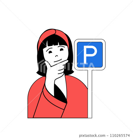 Travel concept with cartoon people in flat design for web. Woman going to vacation with car transportation and using parking service. Vector illustration for social media banner, marketing material. 110265574
