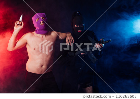 masked terrorists with weapons in the smoke masked terrorists with weapons in the smoke 110265605