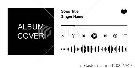 Design of music player app interface with song photo frame, buttons, loading bar and sound wave elements. Horizontal arrangement. Vector graphic illustration 110265749