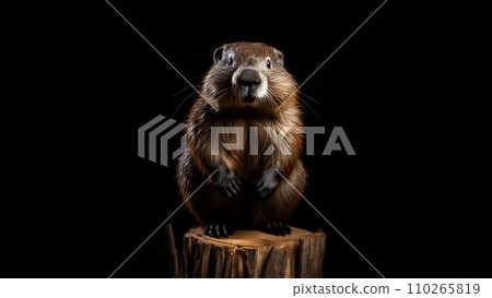 Cute otter sitting on a stump isolated on a black background. Studio portrait with space for text. 110265819