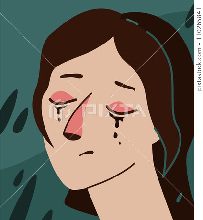 Sorrow vector illustration. Depressed woman crying while rain in background over blue background. Girl with closed red eyes and nose, tears from the eyes flow down the face 110265841
