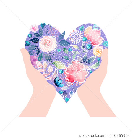Beautiful heart made of flowers in hands. hand drawing. Happy Valentine's Day. Not AI, sstkLOVE. Vector illustration Beautiful heart made of flowers in hands. hand drawing. Happy Valentine's Day. Not AI, sstkLOVE. Vector illustration 110265904