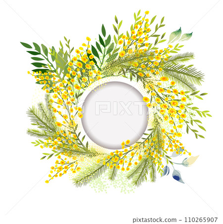 Round frame for text with mimosa. hand drawing. Not AI, Vector illustration 110265907