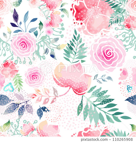 Pink watercolor flowers and green leaves seamless pattern. hand drawing. Not AI, Vector illustration Pink watercolor flowers and green leaves seamless pattern. hand drawing. Not AI, Vector illustration 110265908