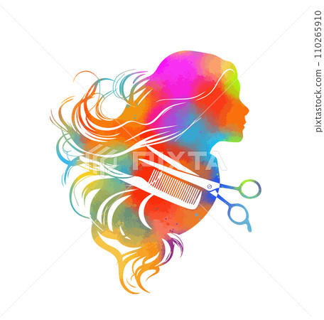 Hair colored hairdressing scissors and comb. Beautiful colored girl. hand drawing. Not AI. Vector illustration Hair colored hairdressing scissors and comb. Beautiful colored girl. hand drawing. Not AI. Vector illustration 110265910