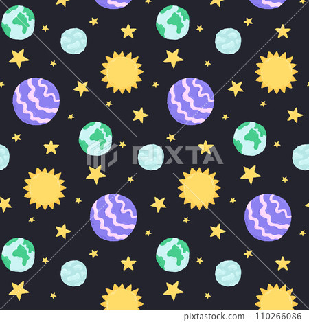 Baby cute seamless pattern with space elements on dark background. Hand drawn flat cartoon style. Vector illustration Baby cute seamless pattern with space elements on dark background. Hand drawn flat cartoon style. Vector illustration 110266086