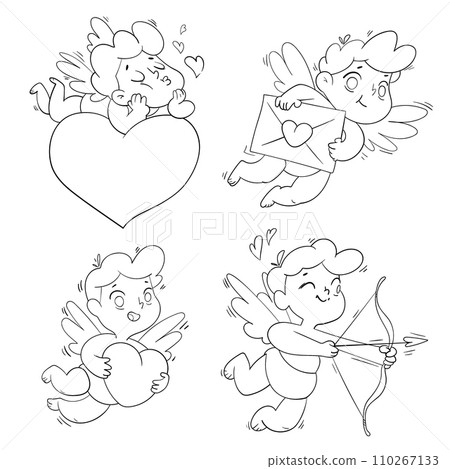 Valentines Day with cute cartoon cupids. Black and white character 110267133