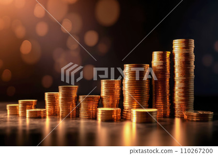 Columns of gold coins with gold bokeh background. Financial Growth Theme. The concept of international consulting, trading, market, finance, investment, economy Columns of gold coins with gold bokeh background. Financial Growth Theme. The concept of international consulting, trading, market, finance, investment, economy 110267200