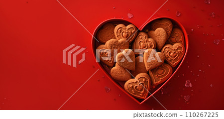 Banner with a lots of cookie hearts in a red heart-shaped box closeup isolated on red background.Valentine's day, mother's day, birthday concept.Generated by AI Banner with a lots of cookie hearts in a red heart-shaped box closeup isolated on red background.Valentine's day, mother's day, birthday concept.Generated by AI 110267225