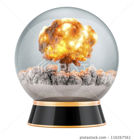 Clear Crystal Ball with Atom Bomb Explosion. 3D rendering Clear Crystal Ball with Atom Bomb Explosion. 3D rendering 110267561