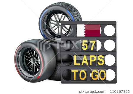 Qatari racing, pit board with flag of Qatar and racing wheels with different compounds type tyres. 3D rendering Qatari racing, pit board with flag of Qatar and racing wheels with different compounds type tyres. 3D rendering 110267565