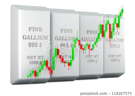 Gallium ingots with candlestick chart, showing uptrend market. 3D rendering 110267573