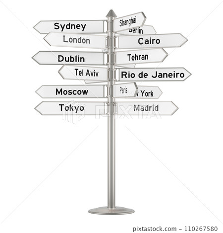 Route direction with different cities. Signpost with names of cities, 3D rendering Route direction with different cities. Signpost with names of cities, 3D rendering 110267580