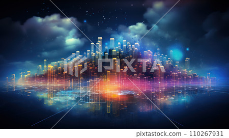 Abstract digital blocks in dark space, neon lines of energy like city background. Cyberspace with data and light. Concept of tech, network, cyber, secure, technology, cloud 110267931