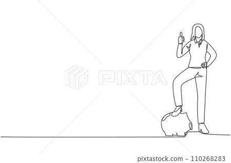 Single one line drawing businesswoman stands with thumbs up pose and steps on piggy bank with one of foot. Successful. Investment value increases rapidly. Continuous line design graphic illustration 110268283