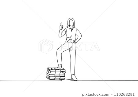 Continuous one line drawing businesswoman stands with thumbs up pose and steps on stack of banknotes. Get a lot of benefits in a short time. Work smart way. Single line draw design vector illustration Continuous one line drawing businesswoman stands with thumbs up pose and steps on stack of banknotes. Get a lot of benefits in a short time. Work smart way. Single line draw design vector illustration 110268291