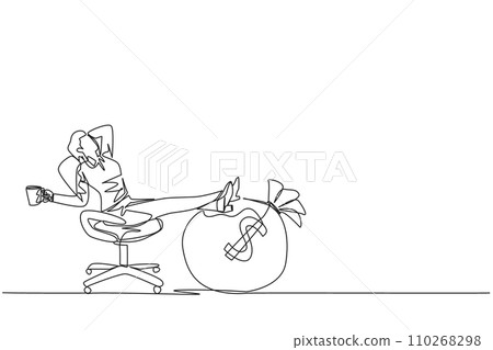 Single one line drawing businesswoman sitting relaxed in a work chair while holding a mug. Foot resting on the big money bag. Enjoying tremendous success. Continuous line design graphic illustration Single one line drawing businesswoman sitting relaxed in a work chair while holding a mug. Foot resting on the big money bag. Enjoying tremendous success. Continuous line design graphic illustration 110268298