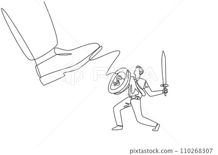 Continuous one line drawing businessman tries to ward off the giant foot that wants to step on him. Big investor destroy market prices. Preventive measure. Single line draw design vector illustration 110268307