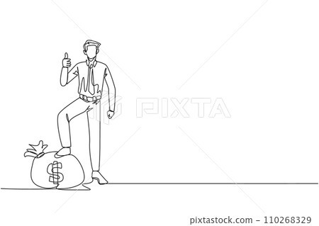 Single continuous line drawing businessman stands with thumbs up pose and steps on the money bag with one of his foot. Victory expression. Successful. Achievement. One line design vector illustration Single continuous line drawing businessman stands with thumbs up pose and steps on the money bag with one of his foot. Victory expression. Successful. Achievement. One line design vector illustration 110268329