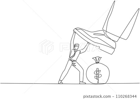 Single one line drawing businessman holds back the giant's foot that wants to step on the money bag. Restrain greed that wants to destroy business profits. Continuous line design graphic illustration Single one line drawing businessman holds back the giant's foot that wants to step on the money bag. Restrain greed that wants to destroy business profits. Continuous line design graphic illustration 110268344