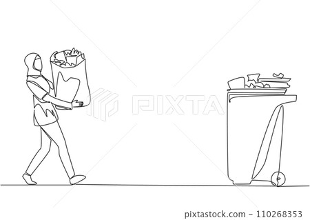 Single continuous line drawing young Arabian woman walked carrying a trash bag in both hands towards the trash can. Clean lifestyle. Environmental care. Clear air. One line design vector illustration 110268353