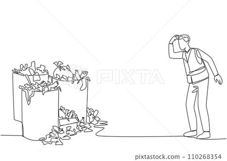 Single one line drawing trash man scratched his head looking at several trash cans full. Unhealthy environment. Must be immediately transported to landfill. Continuous line design graphic illustration Single one line drawing trash man scratched his head looking at several trash cans full. Unhealthy environment. Must be immediately transported to landfill. Continuous line design graphic illustration 110268354
