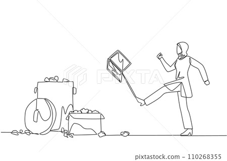 Single continuous line drawing angry Arab businesswoman kicked the laptop into the trash. Venting emotions fails to achieve profit targets. Temperamental. Broken. One line design vector illustration Single continuous line drawing angry Arab businesswoman kicked the laptop into the trash. Venting emotions fails to achieve profit targets. Temperamental. Broken. One line design vector illustration 110268355