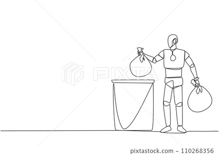 Single continuous line drawing robot puts the trash bag into the trash can. Environmental care. Household assistant robot. Future artificial intelligence concept. One line design vector illustration Single continuous line drawing robot puts the trash bag into the trash can. Environmental care. Household assistant robot. Future artificial intelligence concept. One line design vector illustration 110268356