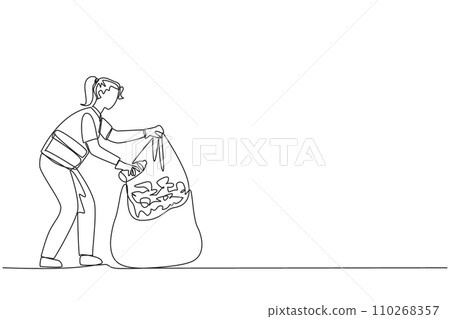 Single continuous line drawing trash woman puts some rubbish into plastic trash. Manual cleaning without tools. Reuse. Recycle. Junk. No pollution. Fresh air. One line design vector illustration Single continuous line drawing trash woman puts some rubbish into plastic trash. Manual cleaning without tools. Reuse. Recycle. Junk. No pollution. Fresh air. One line design vector illustration 110268357