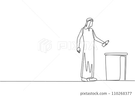 Continuous one line drawing Arabian man throw used plastic bottles into overflowing trash cans. Environmental. How to properly dispose of recyclable waste. Single line draw design vector illustration 110268377