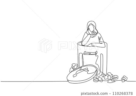 Single continuous line drawing Arabian businesswoman is in the trash. Poor mentality. Contemplating fate. Unable to pay all bills. Trying to find the best way out. One line design vector illustration 110268378