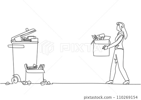 Continuous one line drawing businesswoman carrying a cardboard box full of piles of paper to trash. Throw away piles of incorrect final reports. Revision. Single line draw design vector illustration 110269154