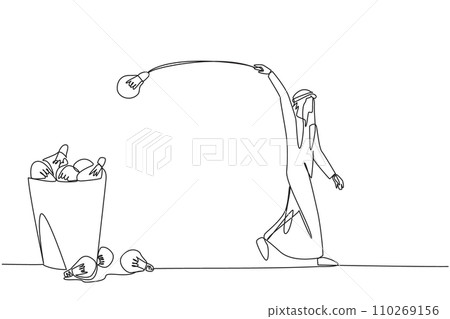 Continuous one line drawing Arabian businessman walking throwing lightbulb into the trash can. Being under pressure. Don't have the best ideas. No solution. Single line draw design vector illustration Continuous one line drawing Arabian businessman walking throwing lightbulb into the trash can. Being under pressure. Don't have the best ideas. No solution. Single line draw design vector illustration 110269156