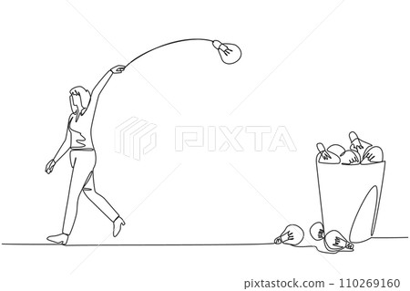 Single one line drawing businesswoman walking throwing lightbulb into trash can. Throwing away the opportunity to have the best innovation for the company. Continuous line design graphic illustration Single one line drawing businesswoman walking throwing lightbulb into trash can. Throwing away the opportunity to have the best innovation for the company. Continuous line design graphic illustration 110269160