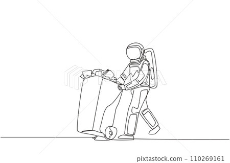 Single continuous line drawing astronaut pushing a trash can filled with wads of paper. Throw away training notes that are no longer used during space expeditions. One line design vector illustration 110269161