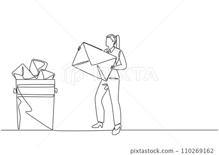 Single continuous line drawing businesswoman throw the large envelope in the trash. Delete many messages. Meet storage quota. Avoid spam. Clean digital memory. One line design vector illustration Single continuous line drawing businesswoman throw the large envelope in the trash. Delete many messages. Meet storage quota. Avoid spam. Clean digital memory. One line design vector illustration 110269162
