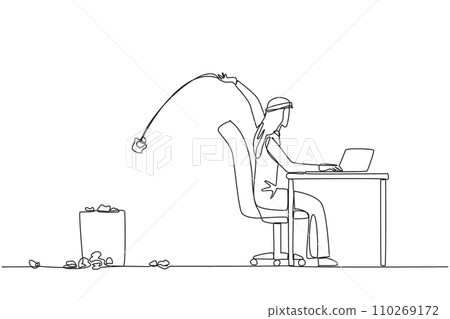 Single one line drawing Arabian businessman typing at the work desk throwing wads of paper into the trash. Too many ideas make the business concept unclear. Continuous line design graphic illustration Single one line drawing Arabian businessman typing at the work desk throwing wads of paper into the trash. Too many ideas make the business concept unclear. Continuous line design graphic illustration 110269172