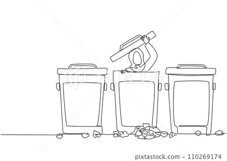 Single continuous line drawing Arabian businesswoman peeking out of trash can, there were lots of wads of paper. Failure in managing business. Stress. Frustrated. One line design vector illustration Single continuous line drawing Arabian businesswoman peeking out of trash can, there were lots of wads of paper. Failure in managing business. Stress. Frustrated. One line design vector illustration 110269174