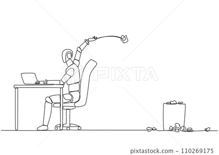 Single continuous line drawing robot typing at work desk throwing wads of paper into trash. Create programming code notes to make artificial intelligence better. One line design vector illustration Single continuous line drawing robot typing at work desk throwing wads of paper into trash. Create programming code notes to make artificial intelligence better. One line design vector illustration 110269175