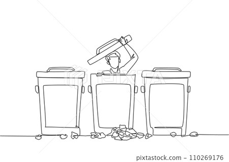 Continuous one line drawing businessman peeking out of trash can, there were lots of wads of paper. Frustration. Disguise so that whereabouts are not known. Single line draw design vector illustration Continuous one line drawing businessman peeking out of trash can, there were lots of wads of paper. Frustration. Disguise so that whereabouts are not known. Single line draw design vector illustration 110269176