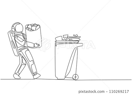 Single one line drawing astronaut walked carrying a trash bag in both hands towards trash can. Doing campaign to care about cleanliness during expedition. Continuous line design graphic illustration 110269217